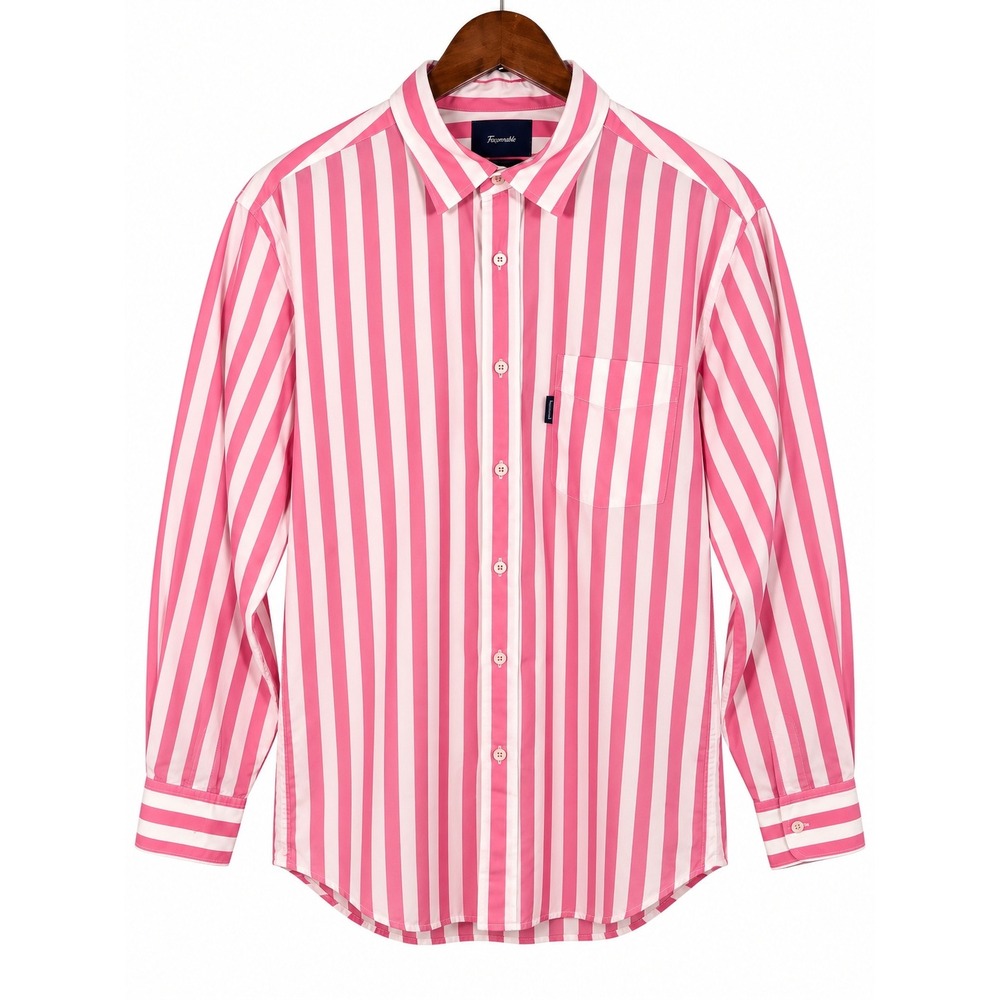 Faconnable Button Down Shirt Large Pink White Stripe Long Sleeve Logo Pocket